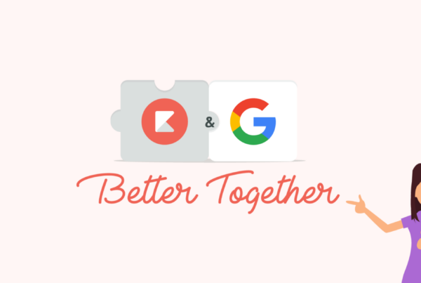 Two Pieces of a Puzzle, one says Kiddom and the other says Google. Underneath, the words "Better Together" and a Character in the Kiddom illustration style is giving the thumbs up.